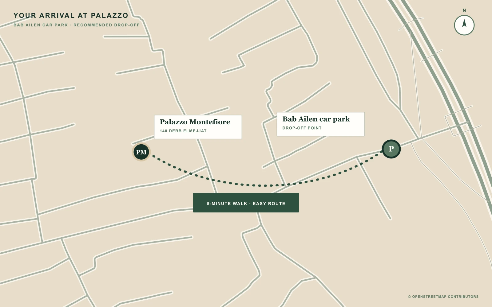 Arrival map drawn from the real street layout between the Bab Ailen car park and Palazzo Montefiore.