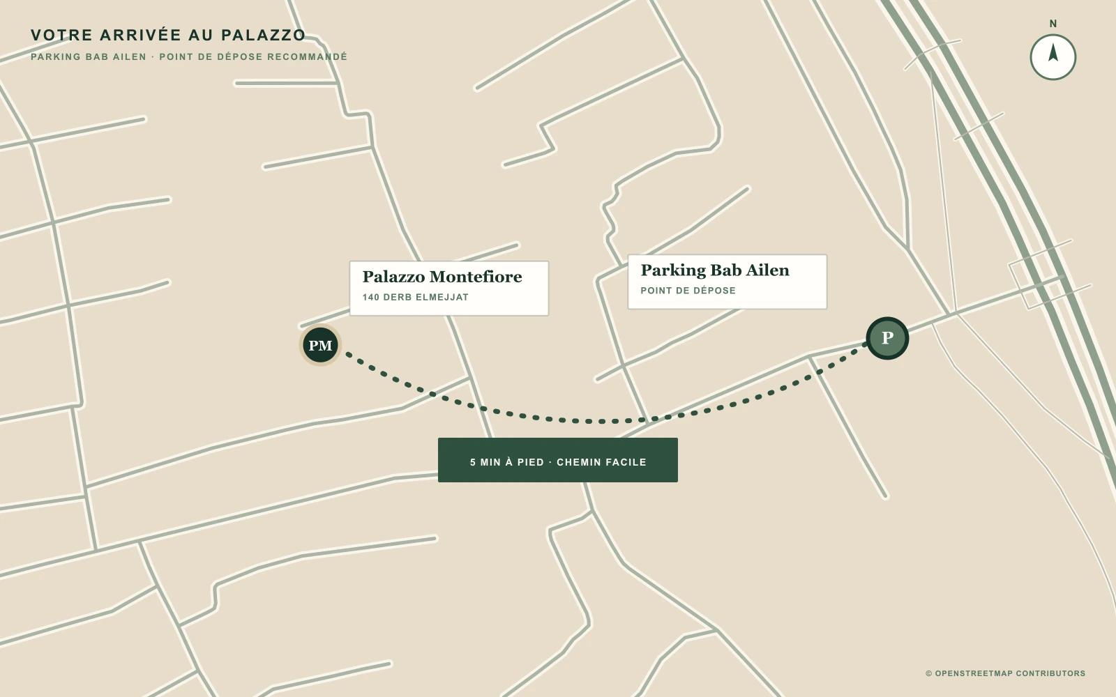 Plan d’arrivée dessiné d’après le tracé réel des rues entre le parking de Bab Ailen et Palazzo Montefiore.
