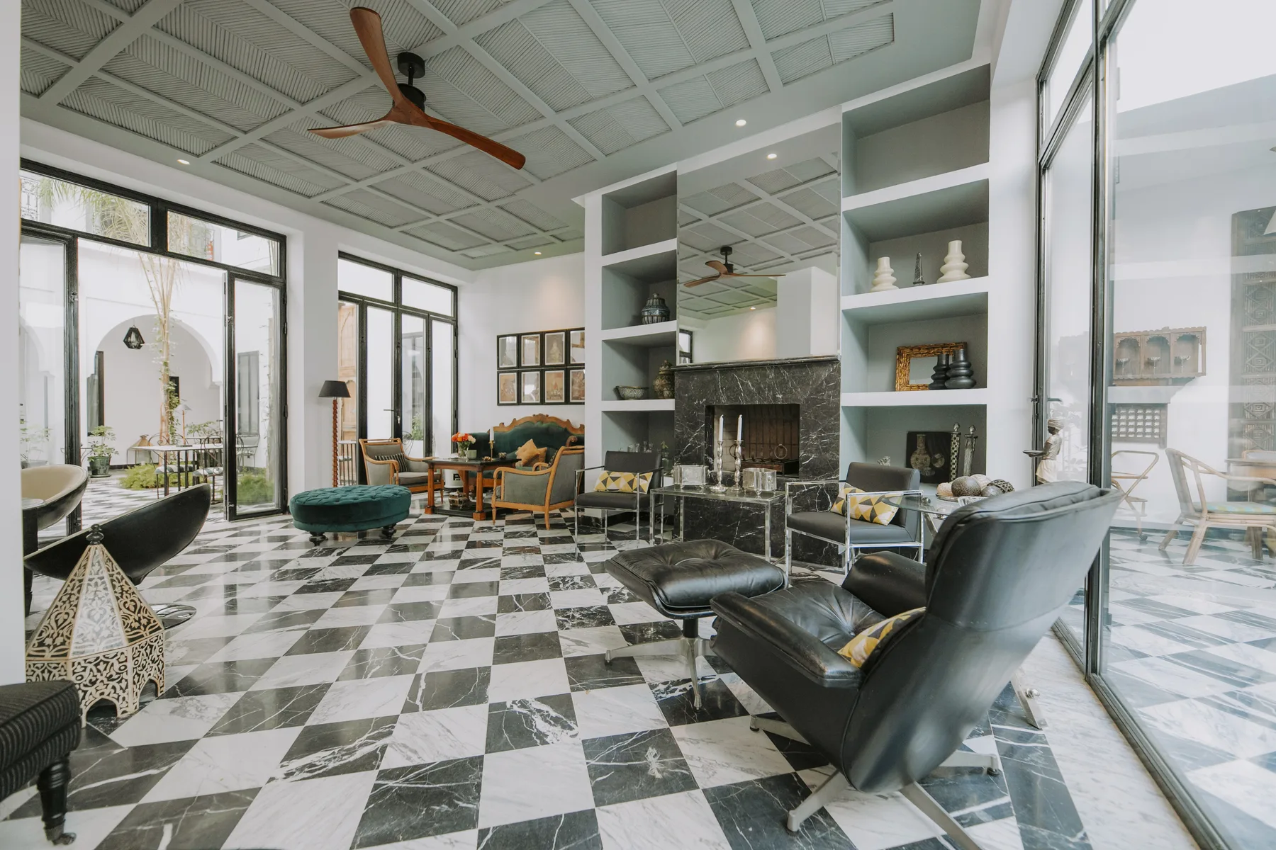 The main lounge opening onto the courtyards